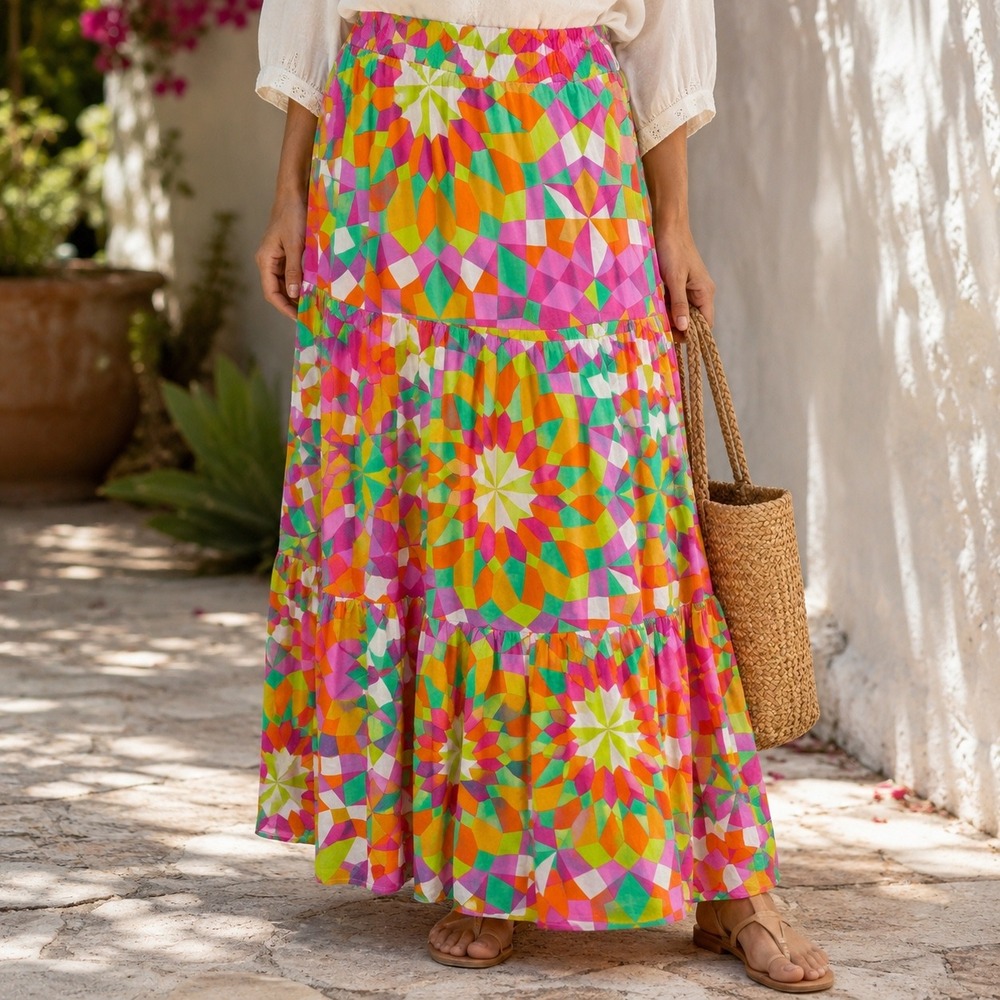 Flying Tomato Womens Geometric Kaleidoscope Tiered Cotton Maxi Skirt Small